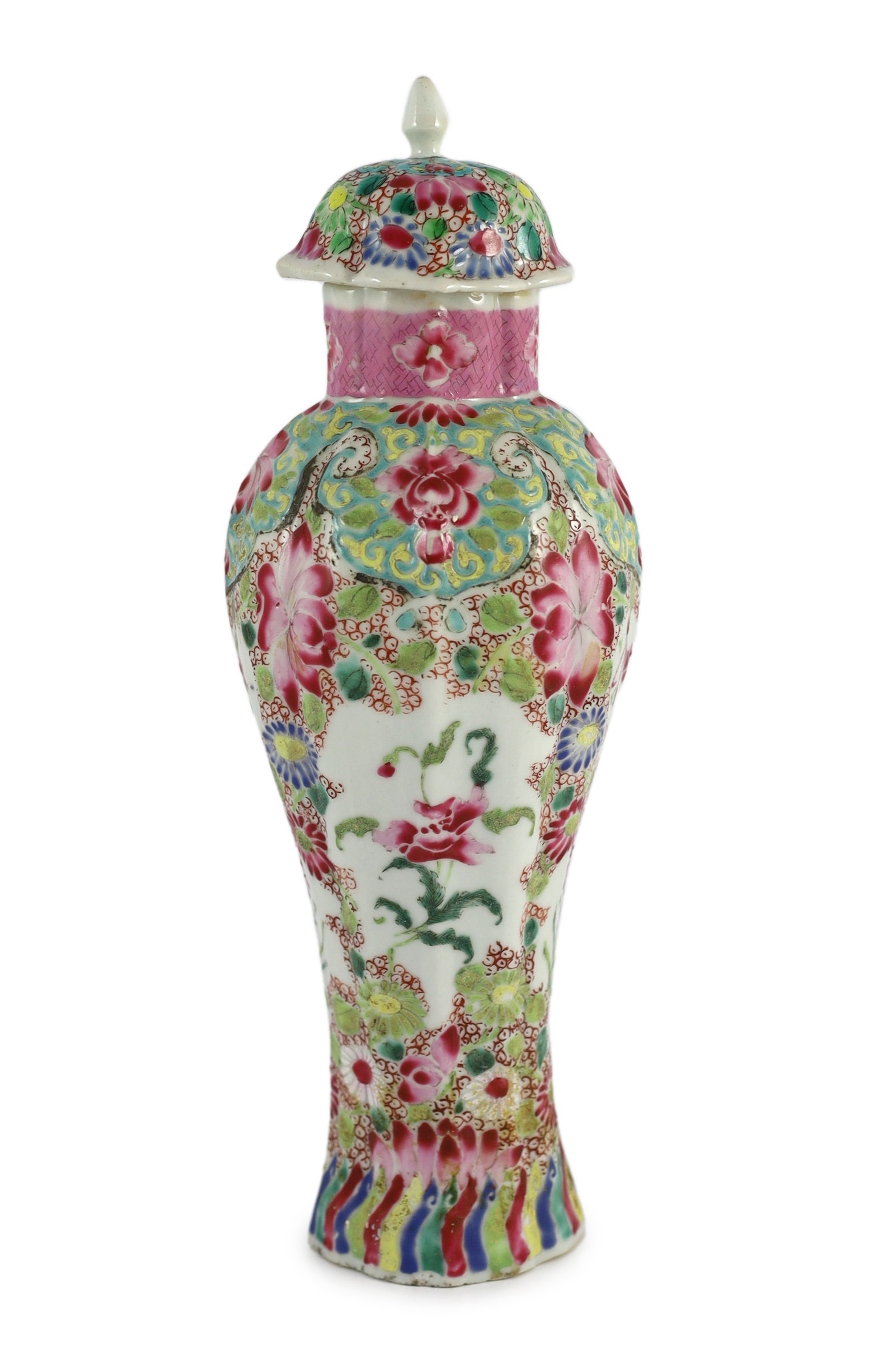 A Chinese famille rose moulded baluster vase, Qianlong period, 30.5cm high, restoration to neck and cover